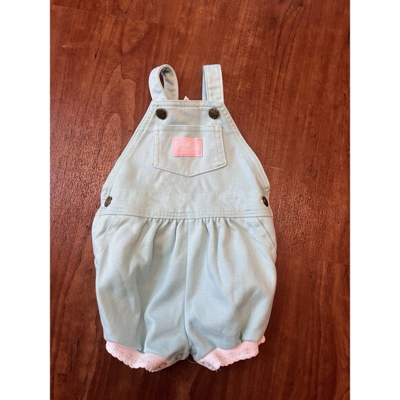 Vintage Oshkosh Mint Blue Overall Romper Floral Cuffs 12 mo